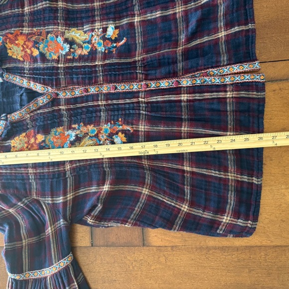 Sundance Womens Plaid Embroidered Gauze Blouse Navy Burgundy Metallic Medium - Picture 7 of 7